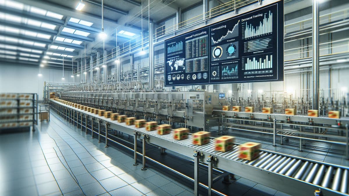 Food manufacturing production line with digital demand forecasting displays