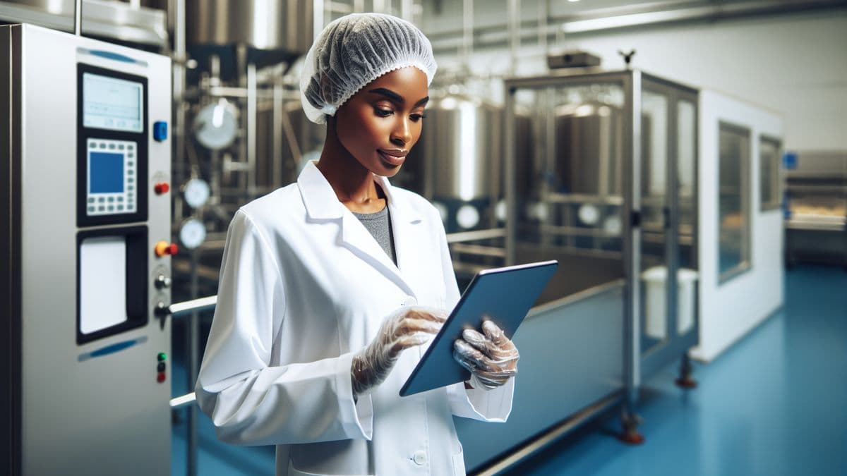 Quality control inspector using a tablet in a food manufacturing facility